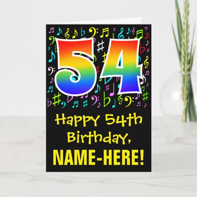 54th Birthday: Colorful Music Symbols + Rainbow 54 Card (Front)