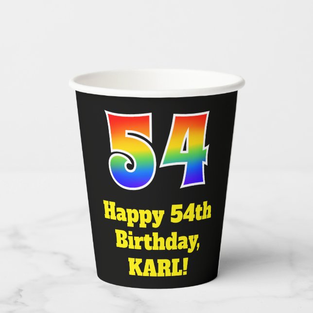 54th Birthday: Colourful, Fun, Exciting, Rainbow 5 Paper Cups (Back)
