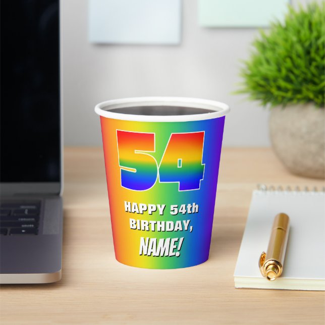 54th Birthday: Colourful, Fun Rainbow Pattern # 54 Paper Cups (Insitu)