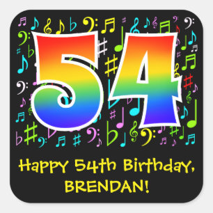 54th Birthday: Colourful Music Symbols, Rainbow 54 Square Sticker