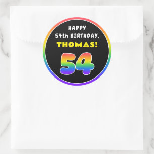 54th Birthday: Colourful Rainbow # 54, Custom Name Classic Round Sticker