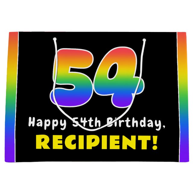 54th Birthday: Colourful Rainbow # 54, Custom Name Large Gift Bag (Front)