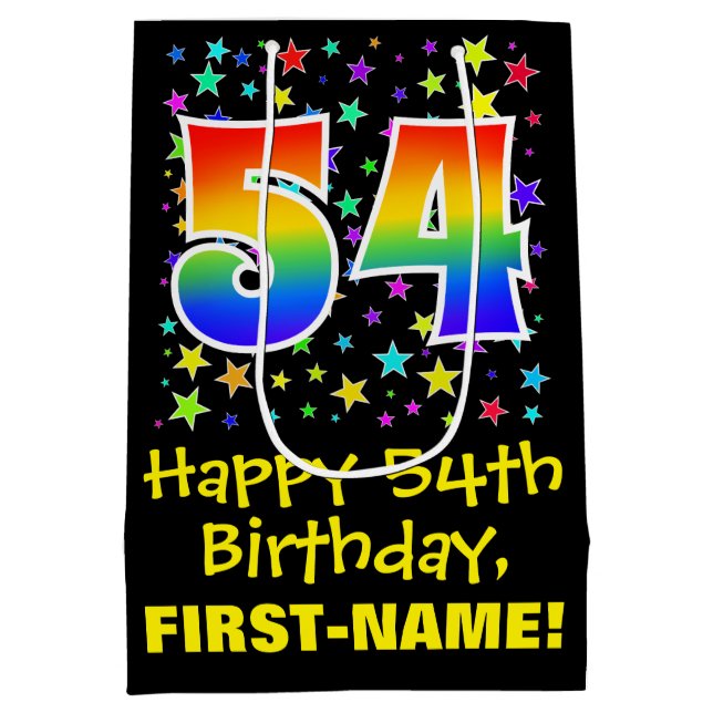 54th Birthday: Colourful Stars Pattern & Rainbow 5 Medium Gift Bag (Back)