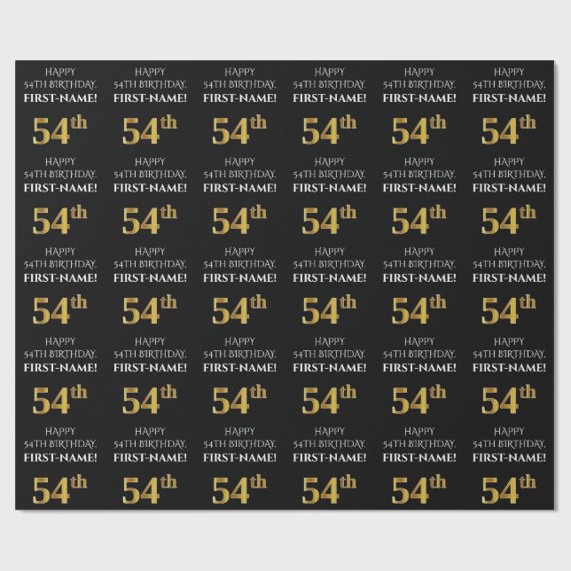 54th Birthday: Elegant, Black, Faux Gold Look Wrapping Paper (Flat)