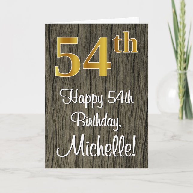 54th Birthday: Elegant Faux Gold Look #, Faux Wood Card (Front)