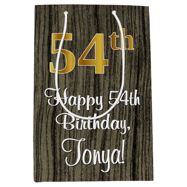 54th Birthday: Elegant Faux Gold Look #, Faux Wood Medium Gift Bag (Front)