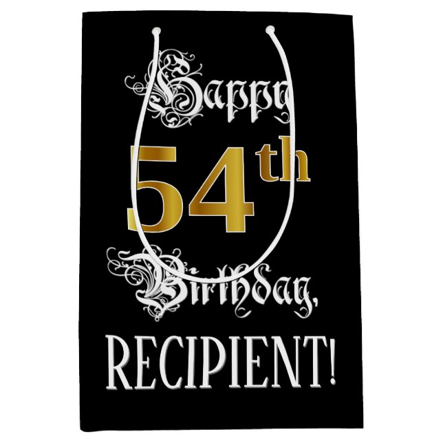 54th Birthday ~ Fancy Script; Faux Gold Look; Name Medium Gift Bag (Front)