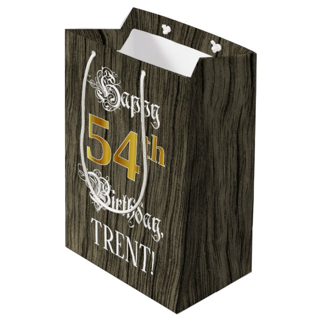 54th Birthday: Faux Gold Look & Faux Wood Pattern Medium Gift Bag (Back Angled)