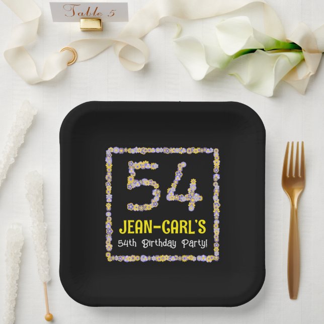54th Birthday: Floral Flowers Number, Custom Name Paper Plate (Wedding)