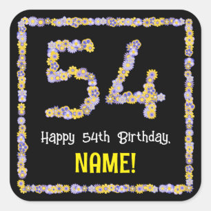 54th Birthday: Floral Flowers Number, Custom Name Square Sticker
