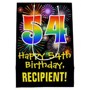 54th Birthday: Fun Fireworks Pattern + Rainbow 54 Medium Gift Bag