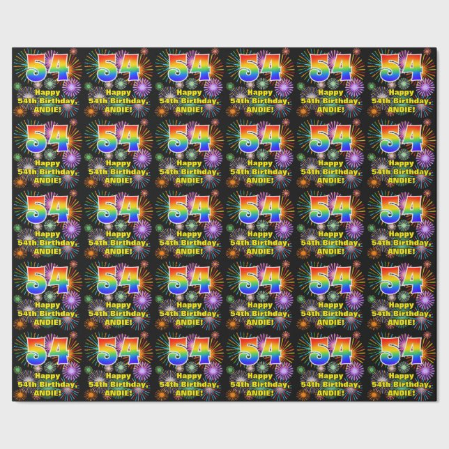 54th Birthday: Fun Fireworks, Rainbow Look # “54” Wrapping Paper (Seam)