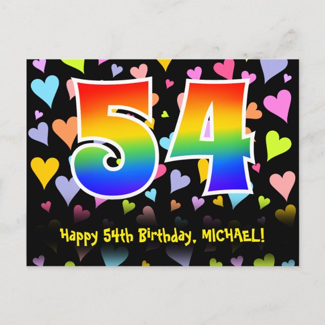 54th Birthday: Fun Hearts Pattern, Rainbow 54 Postcard (Front)