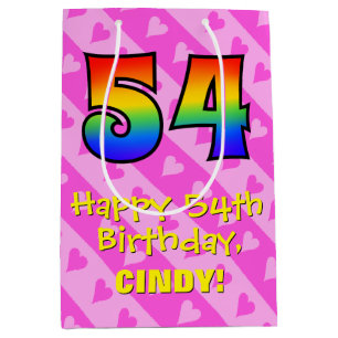 54th Birthday: Fun Pink Hearts Stripes; Rainbow 54 Medium Gift Bag