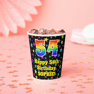 54th Birthday: Fun Stars Pattern and Rainbow 54 Paper Cups