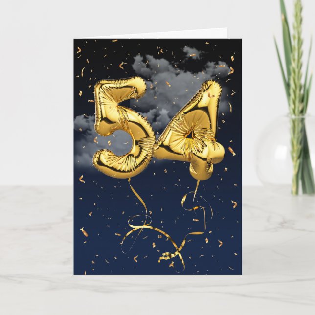 54th Birthday Gold Mylar Balloon and Confetti Card (Front)