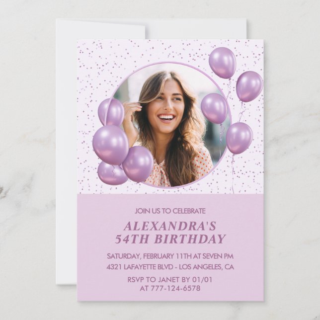 54th birthday invitations Balloons Photo Purple (Front)