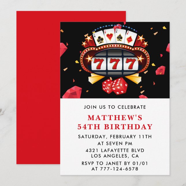 54th birthday invitations Casino theme Poker Red (Front/Back)