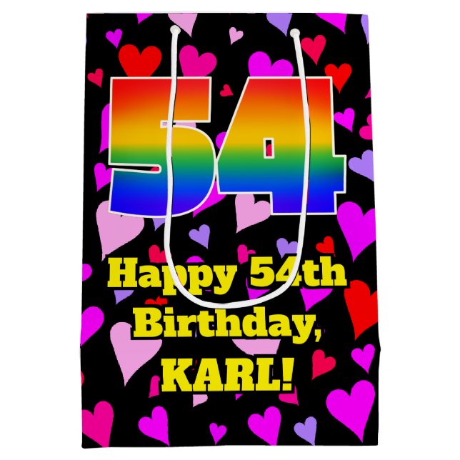 54th Birthday: Loving Hearts Pattern, Rainbow # 54 Medium Gift Bag (Back)