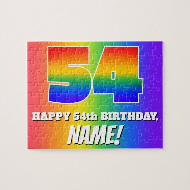 54th Birthday — Multicolored Rainbow Pattern “54” Jigsaw Puzzle (Horizontal)