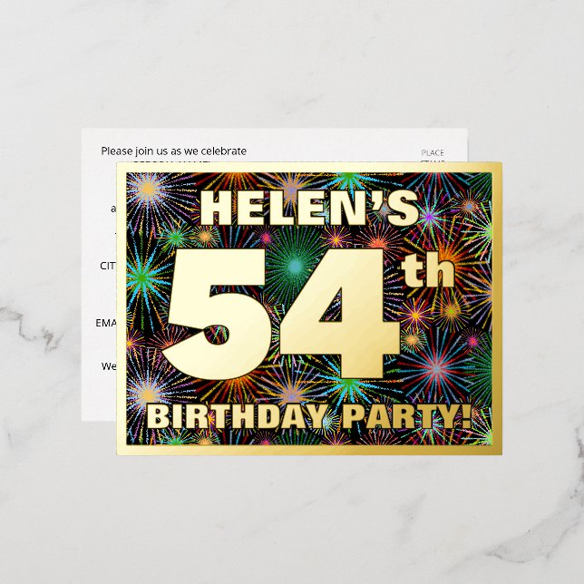 54th Birthday Party: Bold, Colourful Fireworks Loo Foil Invitation Postcard (Front/Back)