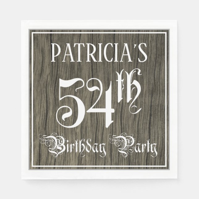 54th Birthday Party — Fancy Script, Faux Wood Look Napkin (Front)