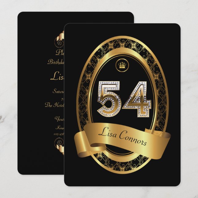 54th,birthday party woman man,elegant colour invitation (Front/Back)