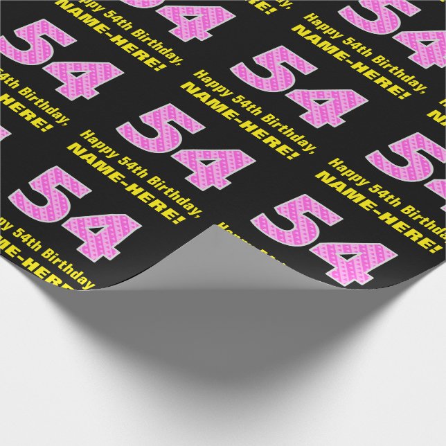 54th Birthday: Pink Stripes and Hearts "54" + Name Wrapping Paper (Corner)