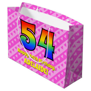 54th Birthday: Pink Stripes & Hearts, Rainbow # 54 Large Gift Bag