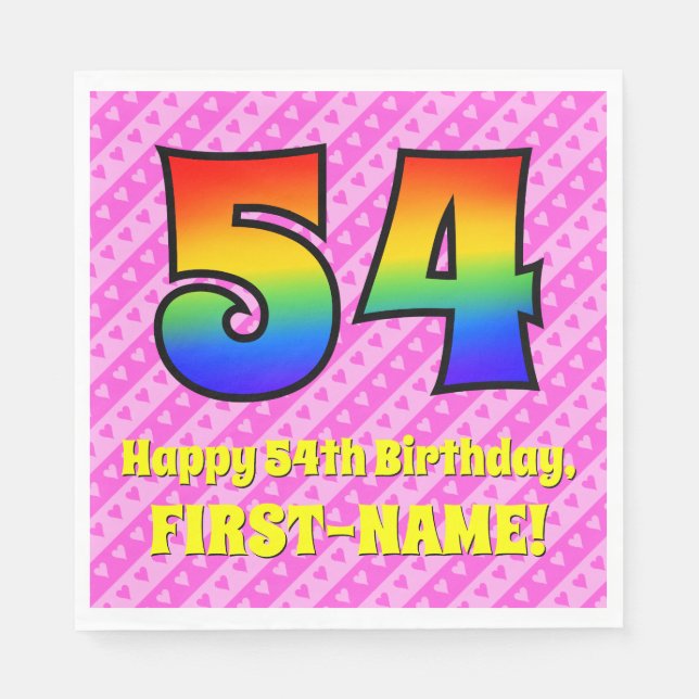 54th Birthday: Pink Stripes & Hearts, Rainbow # 54 Napkin (Front)