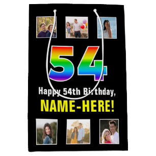 54th Birthday: Rainbow “54“, Custom Photos & Name Medium Gift Bag