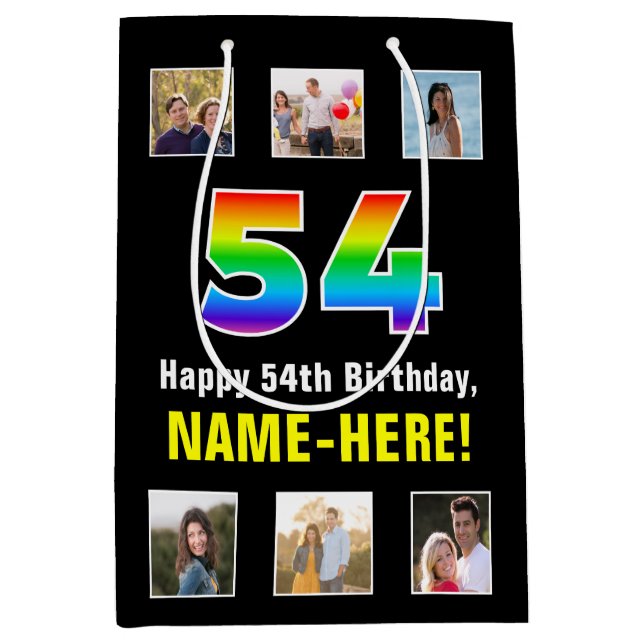 54th Birthday: Rainbow “54“, Custom Photos & Name Medium Gift Bag (Front)