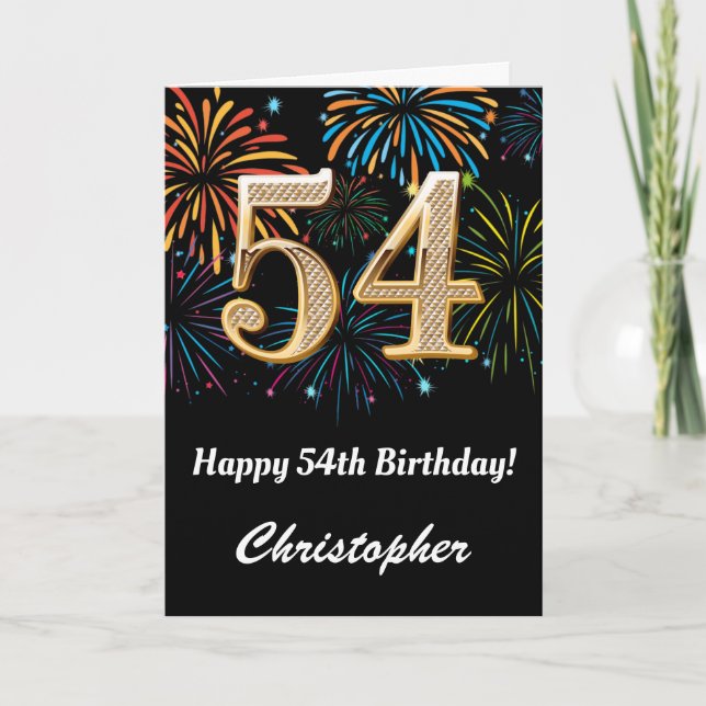 54th Birthday Rainbow Fireworks Black and Gold Card (Front)
