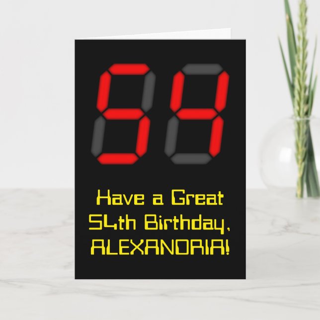54th Birthday: Red Digital Clock Style "54" + Name Card (Front)