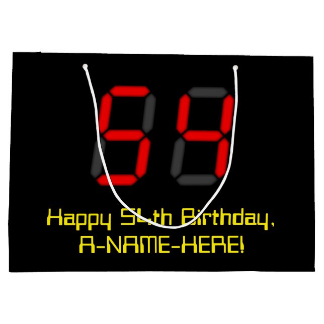 54th Birthday: Red Digital Clock Style "54" + Name Large Gift Bag (Back)