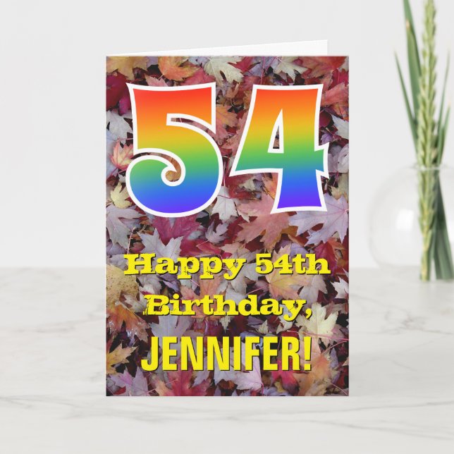 54th Birthday; Rustic Autumn Leaves; Rainbow "54" Card (Front)
