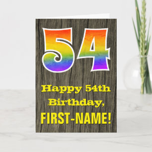54th Birthday: Rustic Faux Wood Look, Rainbow "54" Card