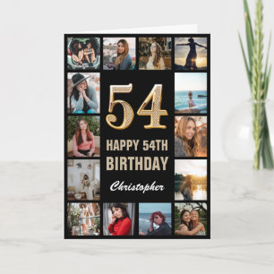 54th Happy Birthday Black and Gold Photo Collage Card