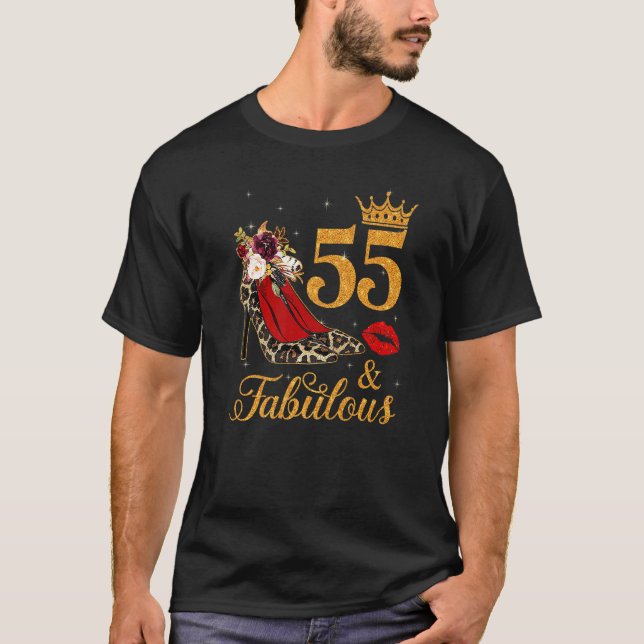 55 And Fabulous 55 Years Old Queen High Heels Leop T-Shirt (Front)