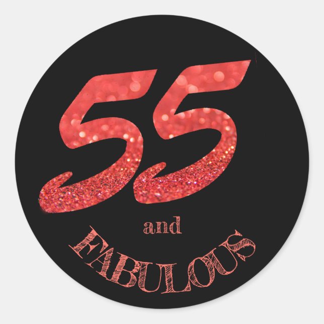 55 and Fabulous Birthday Celebration Coral Glitter Classic Round Sticker (Front)