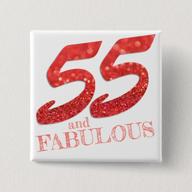 55 and Fabulous Birthday Living Coral Glitter 15 Cm Square Badge (Front)
