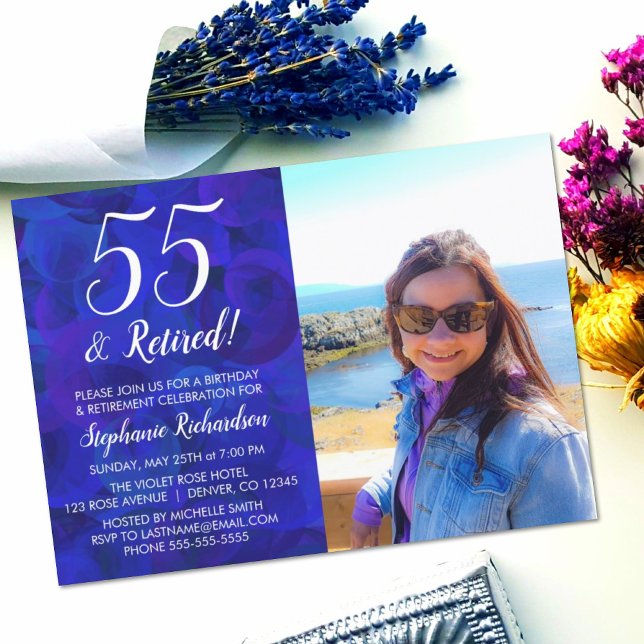 55 and Retired Blue Photo Birthday Retirement Invitation (Creator Uploaded)