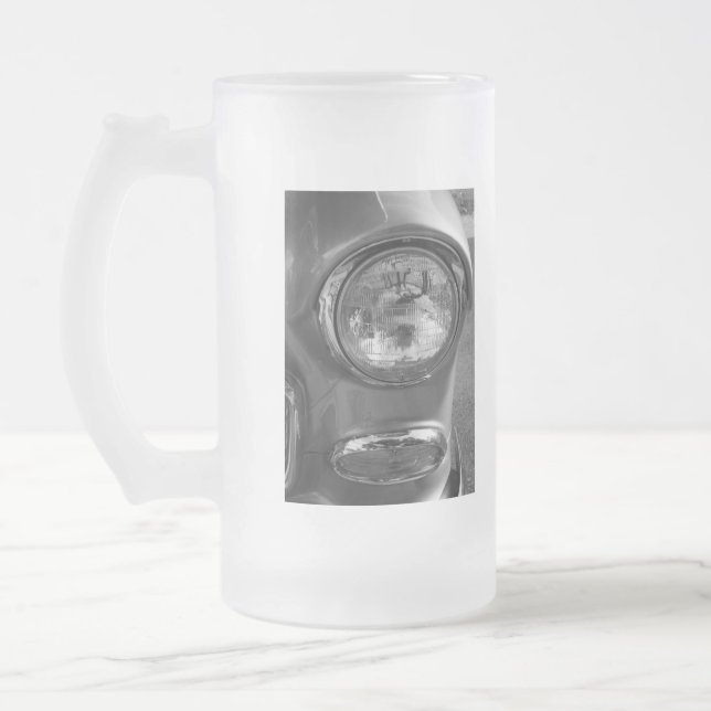 55 Chevy Headlight Grayscale Frosted Glass Beer Mug (Left)