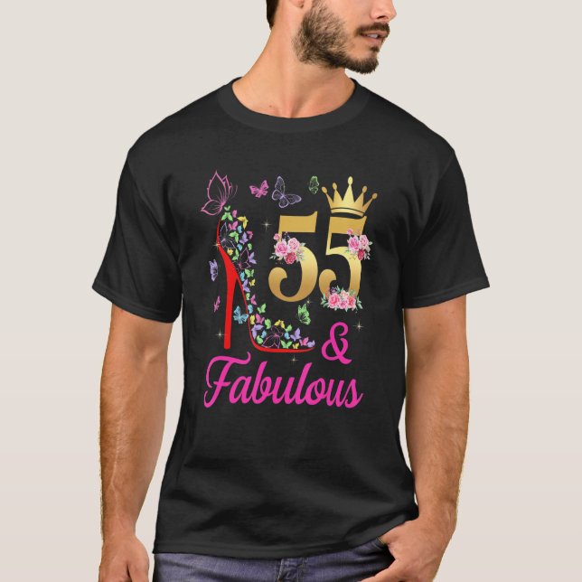 55 & Fabulous 55 Years Old 55th Bday Butterflies H T-Shirt (Front)