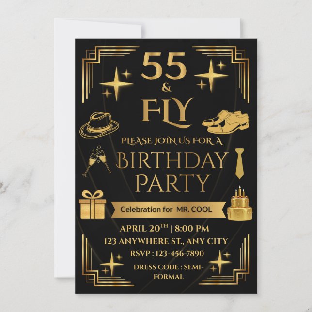 55 & FLY 5X7 CORNERED STYLE MEN'S BIRTHDAY PARTY INVITATION (Front)