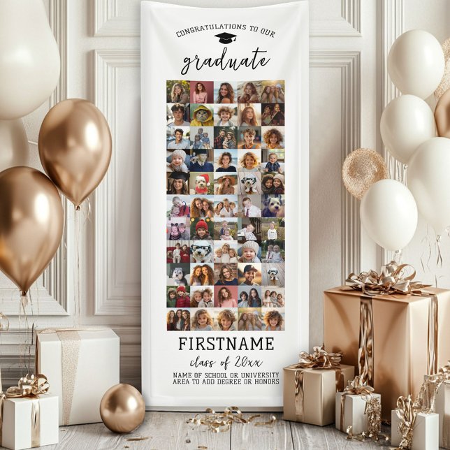 55 Photo Collage Graduation Modern Minimal White Banner (Custom Graduation Banner - Great for a backdrop or Grad Party Decoration)