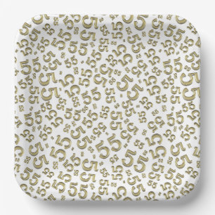 55’th Gold/White Random Number Pattern Paper Plate