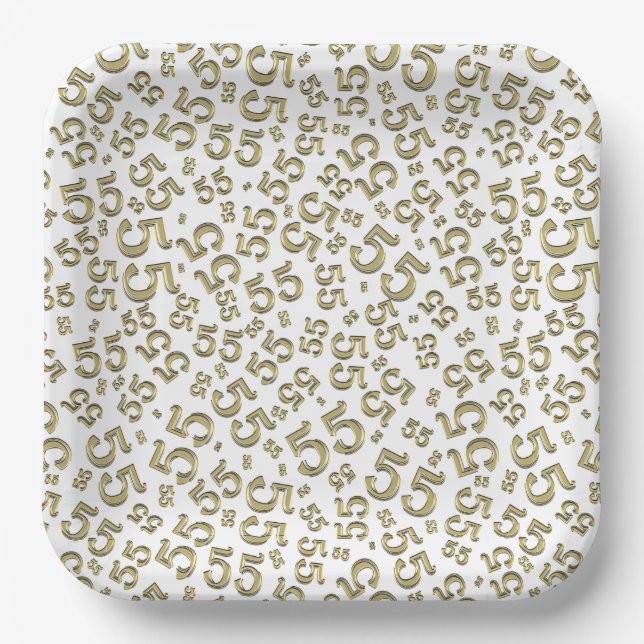  55’th Gold/White  Random Number Pattern  Paper Plate (Front)