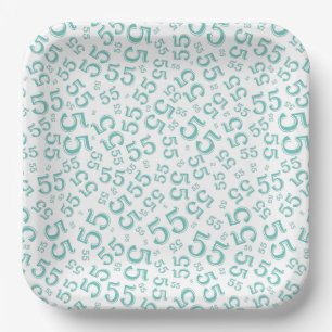 55’th Teal/White Random Number Pattern Paper Plate