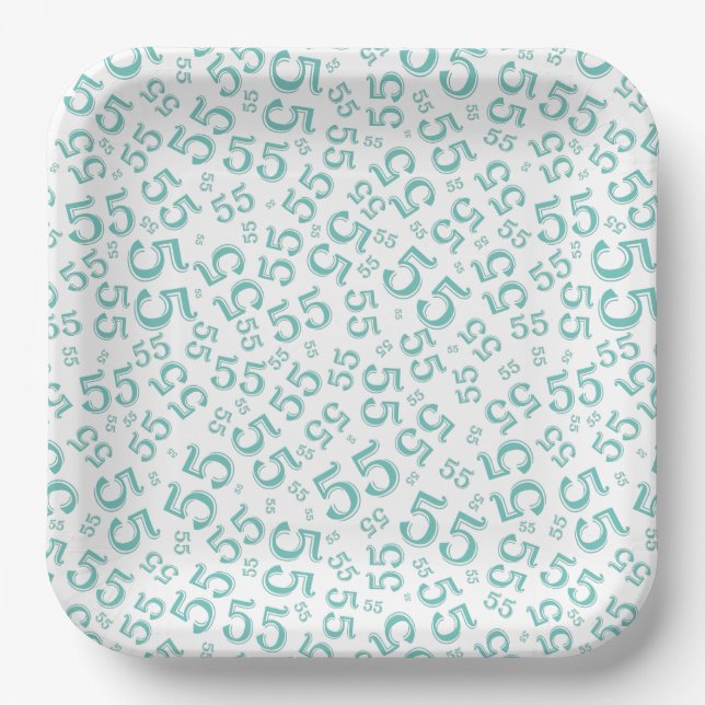  55’th Teal/White  Random Number Pattern  Paper Plate (Front)